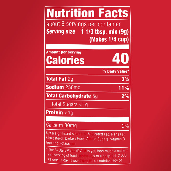 ['Nutrition facts label for a food product with 40 calories per serving.']