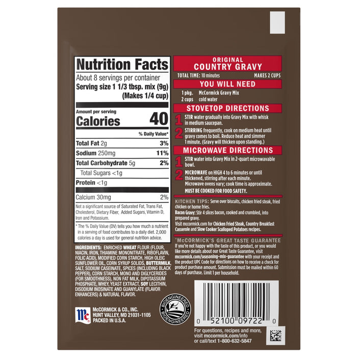A package of Mccormick Original Country Gravy Mix Country 2.64 Oz, displaying its nutrition facts, ingredients, and cooking instructions.