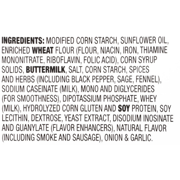 A list of ingredients for a product including modified corn starch sunflower oil enriched wheat flour buttermilk and soy protein.