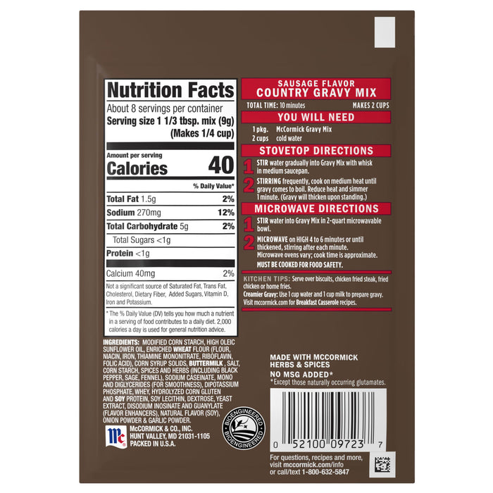 The back of a packet of Mccormick Country With Sausage Gravy Mix Country 2.64 Oz displays the nutrition facts, ingredients, and cooking instructions.