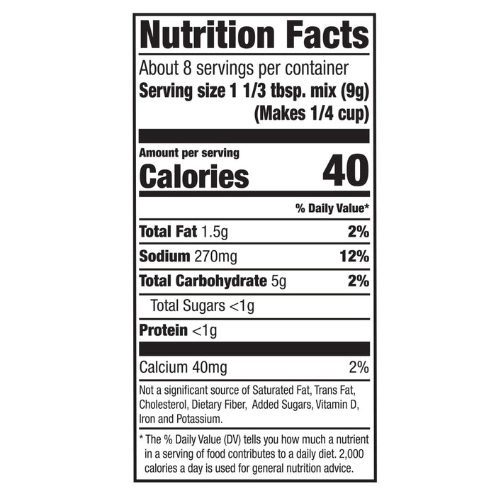 The nutrition facts label for a package of Mccormick Country With Sausage Gravy Mix Country 2.64 Oz, detailing the nutritional content per serving, such as 40 calories and 270mg of sodium.