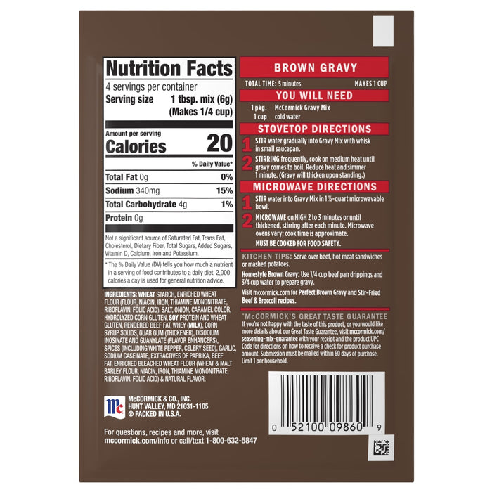 The back of a package of Mccormick Brown Gravy Mix .87 Oz, detailing the nutrition facts, ingredients, and cooking instructions for making the gravy.