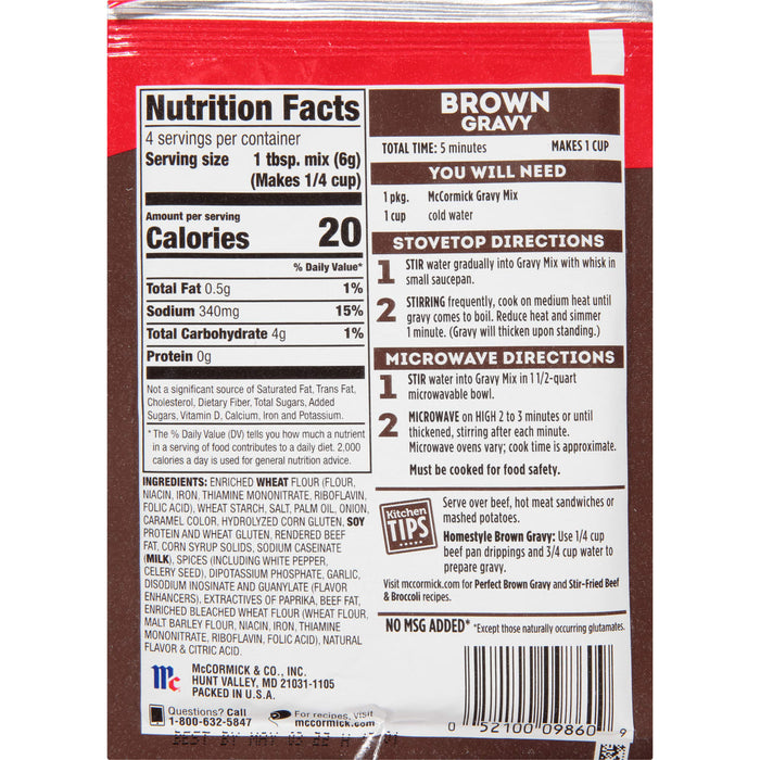 McCormick Brown Gravy mix package with nutrition facts directions and kitchen tips.