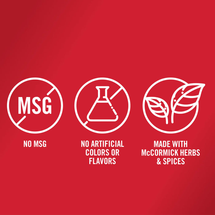 Three white icons on a red background show that McCormick products are made with no MSG no artificial colors or flavors and are made with McCormick herbs and spices.