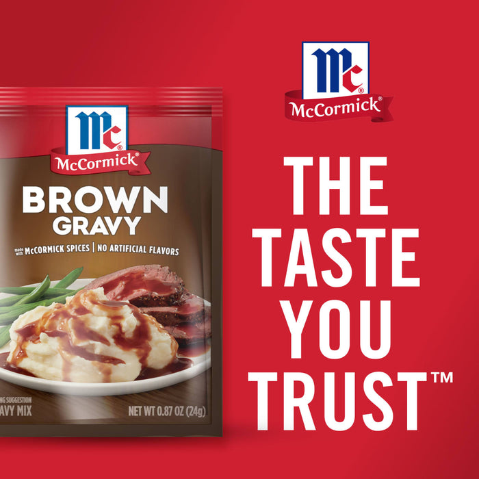 McCormick Brown Gravy package with a plate of mashed potatoes and gravy and a roast.