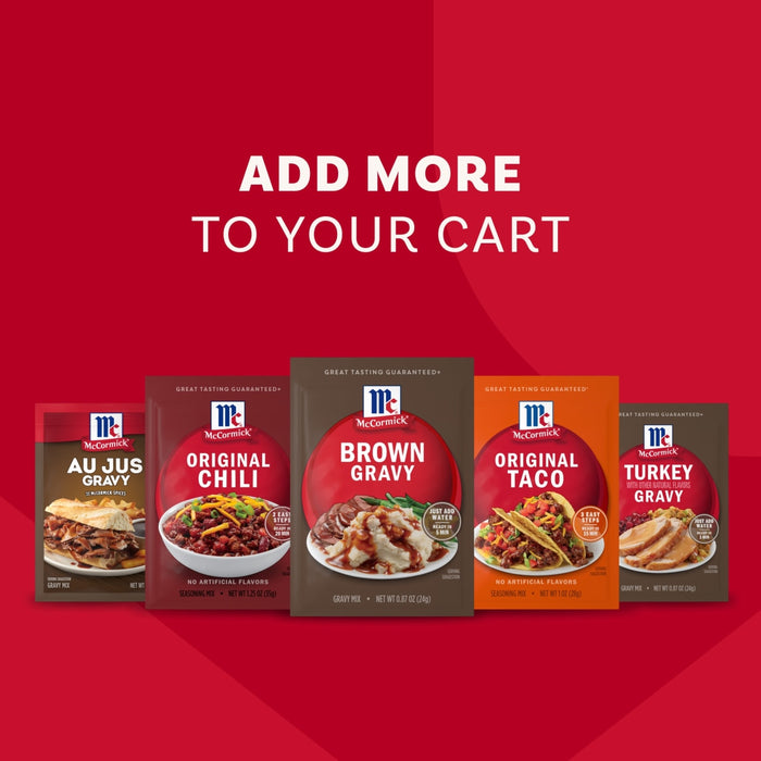 A promotional image displays a lineup of five McCormick seasoning and gravy mixes, with a packet of Mccormick Brown Gravy Mix .87 Oz featured in the center, all under the call to action, Add More To Your Cart.