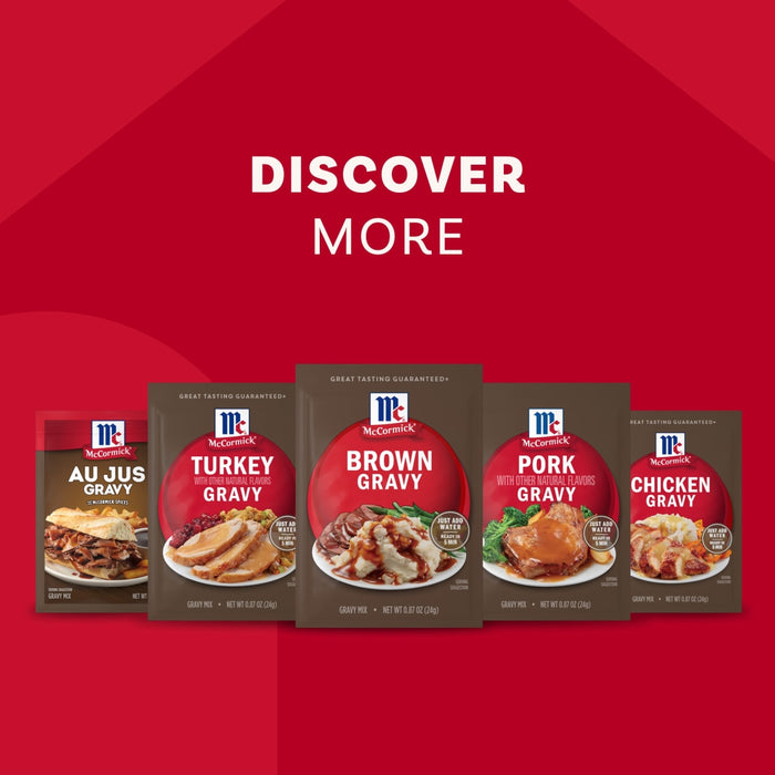 A promotional image with the text Discover More showcases a variety of McCormick gravy mixes, including Au Jus, Turkey, Pork, Chicken, and a packet of Mccormick Brown Gravy Mix .87 Oz.