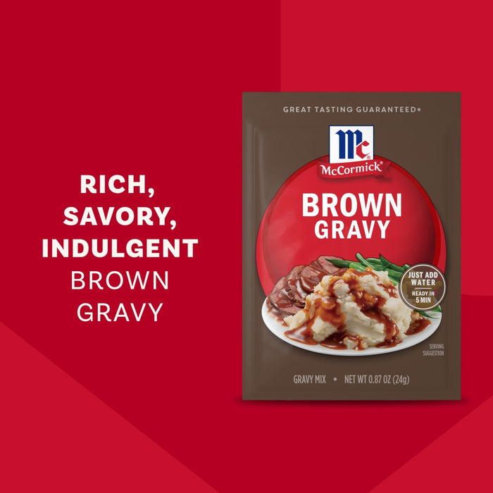 McCormick Brown Gravy mix package with a serving suggestion of mashed potatoes and gravy.