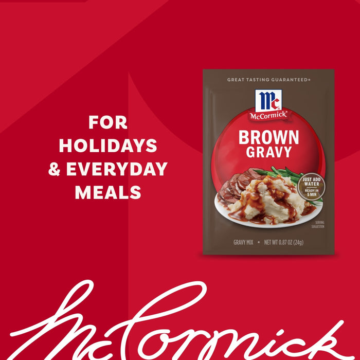 A package of McCormick Brown Gravy with a picture of mashed potatoes and gravy on the front.