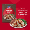 McCormick Brown Gravy mix package with a serving suggestion of mashed potatoes and gravy.