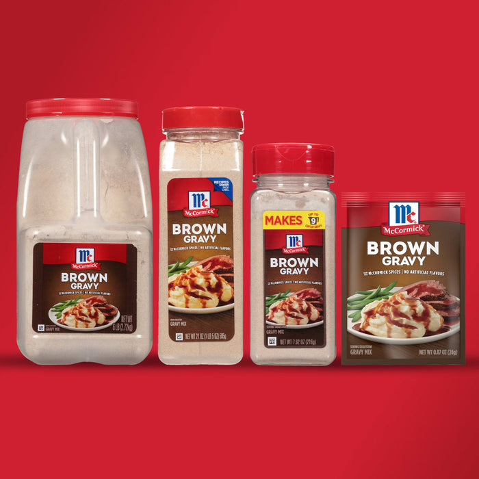 McCormick Brown Gravy is available in four sizes: 0.87 oz 7.62 oz 21 oz and 6 lb.