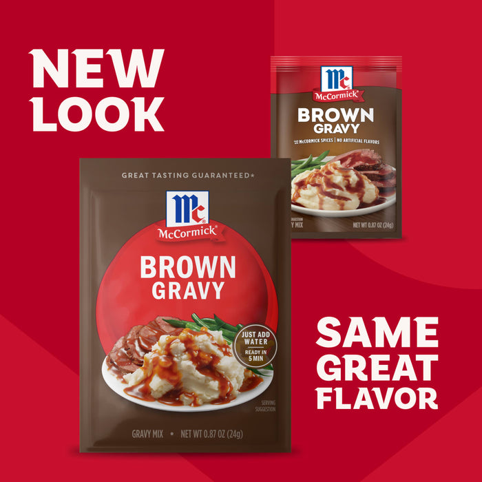 An advertisement shows the new and old packaging for Mccormick Brown Gravy Mix .87 Oz, with text that reads, New Look, Same Great Flavor, to announce the design change.