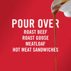 A white text graphic on a red background that says Pour Over with a list of foods to pour gravy over.