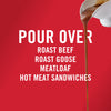 A white text graphic on a red background that says Pour Over with a list of foods to pour gravy over.
