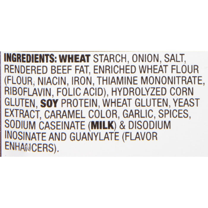 A list of ingredients for a product including wheat starch onion salt rendered beef fat enriched wheat flour and more.