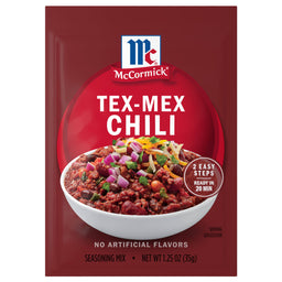 A packet of McCormick Tex-Mex Chili seasoning mix is displayed, featuring a bowl of chili topped with onions and cheese.