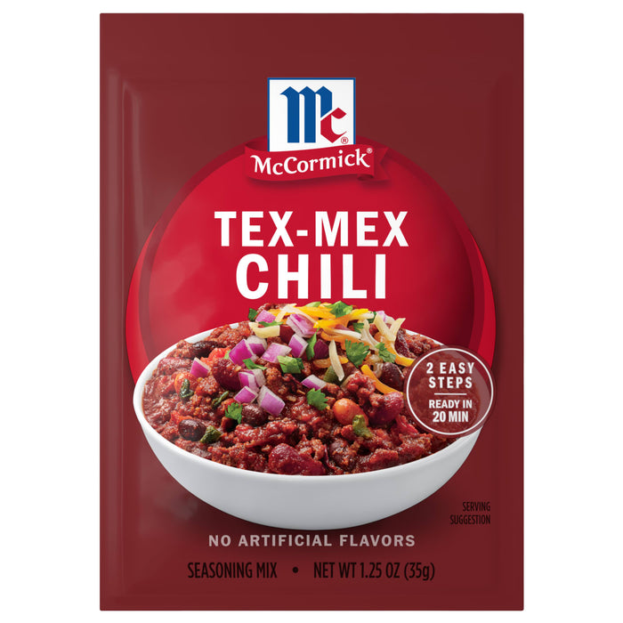 A packet of McCormick Tex-Mex Chili seasoning mix is displayed, featuring a bowl of chili topped with onions and cheese.