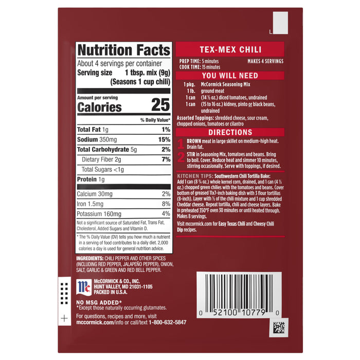 This is an image of the nutrition facts and ingredients for McCormick Tex-Mex Chili Seasoning Mix.