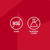An infographic for Mccormick Tex Mex Chili Seasoning Mix 1.25 Oz featuring two white circular icons on a red background that indicate the product contains no MSG and no artificial flavors.