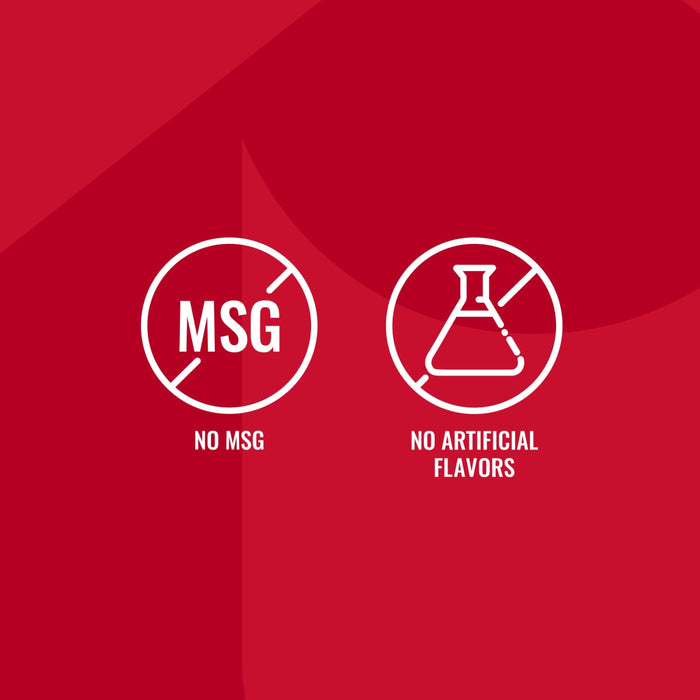 An infographic for Mccormick Tex Mex Chili Seasoning Mix 1.25 Oz featuring two white circular icons on a red background that indicate the product contains no MSG and no artificial flavors.