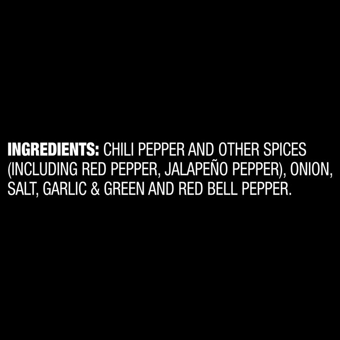 The image shows the ingredient list for a spice blend, including chili pepper, red pepper, jalapeño pepper, onion, salt, garlic, and green and red bell pepper.
