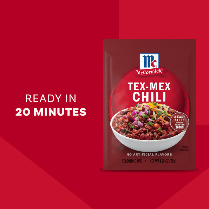 A promotional graphic for Mccormick Tex Mex Chili Seasoning Mix 1.25 Oz featuring a bowl of hearty chili topped with onions and cheese next to text stating it is ready in 20 minutes.
