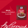 A promotional graphic featuring a packet of Mccormick Tex Mex Chili Seasoning Mix 1.25 Oz next to a bowl of prepared chili with the text bold family friendly flavor.
