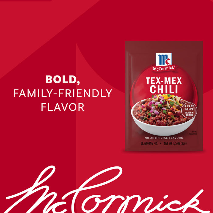 A promotional graphic featuring a packet of Mccormick Tex Mex Chili Seasoning Mix 1.25 Oz next to a bowl of prepared chili with the text bold family friendly flavor.