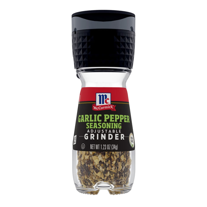 ['A McCormick Garlic Pepper Seasoning Adjustable Grinder with a clear glass container filled with the seasoning.']