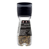 ['McCormick Gourmet Collection Black Pepper Grinder with a clear glass body and a black lid.']