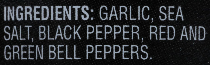 ['A list of ingredients for a product, including garlic, sea salt, black pepper, red and green bell peppers.']