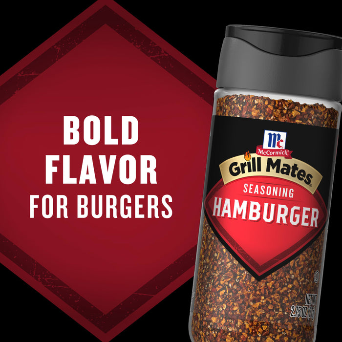 A bottle of McCormick Grill Mates Hamburger Seasoning is displayed with the text Bold Flavor for Burgers on a red diamond shape.