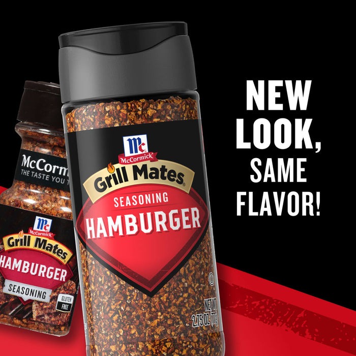 Two bottles of McCormick Grill Mates Hamburger Seasoning are displayed with the text New Look Same Flavor!