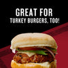 A delicious turkey burger with fresh toppings is featured, highlighting its versatility.