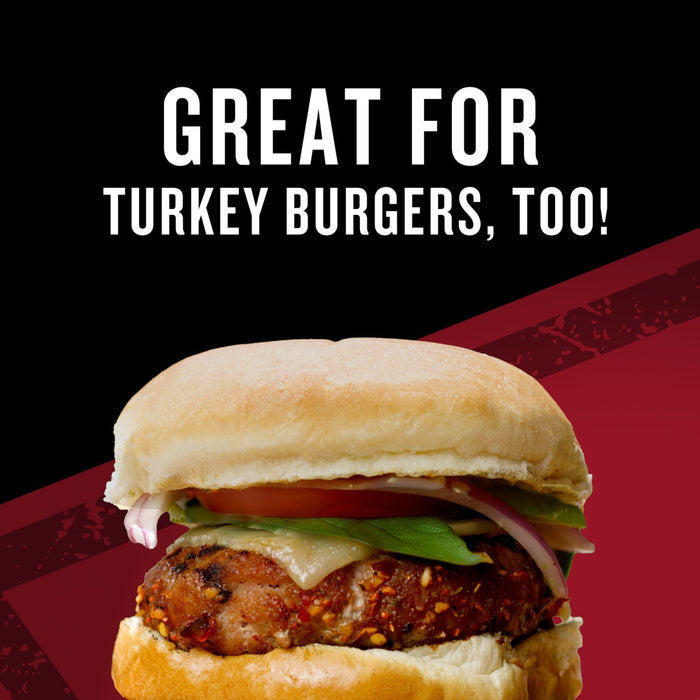 A delicious turkey burger with fresh toppings is featured, highlighting its versatility.