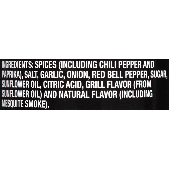 A list of ingredients for a seasoning blend including spices garlic onion and mesquite smoke.