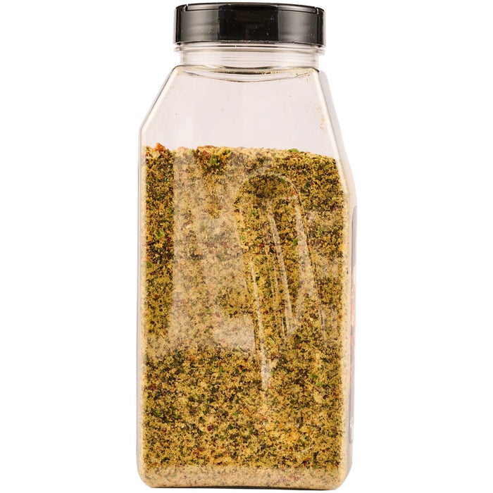 A clear plastic jar filled with a blend of spices.