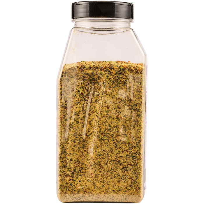 A clear plastic jar filled with a blend of spices.