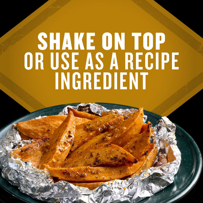 A close-up of seasoned sweet potato wedges on foil, suggesting the product can be used as a topping or recipe ingredient.