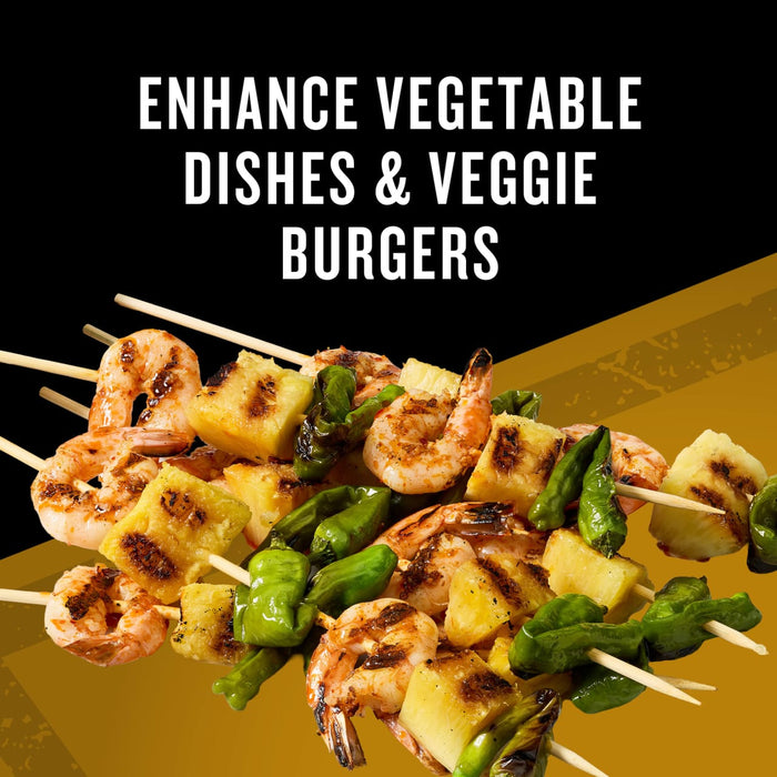 A close-up of grilled shrimp, pineapple, and green pepper skewers, suggesting a way to enhance vegetable dishes and veggie burgers.