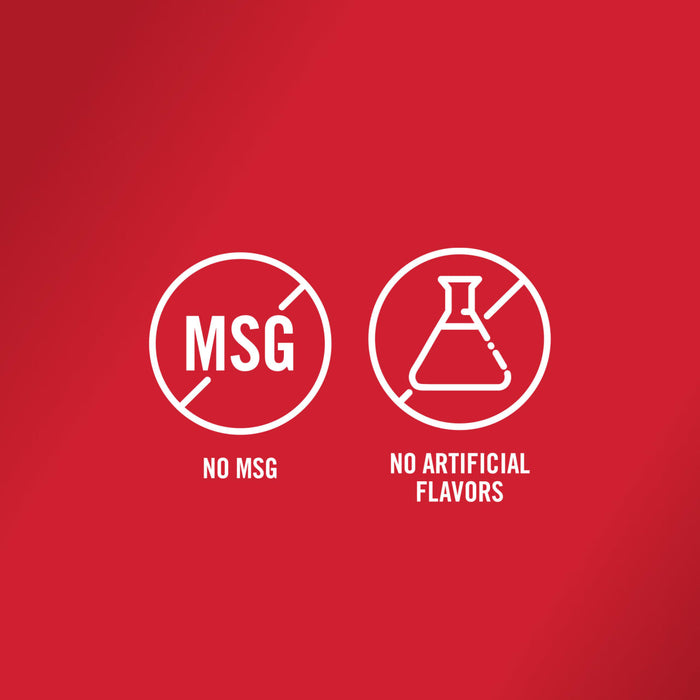 Two white icons on a red background one says no MSG and the other says no artificial flavors.