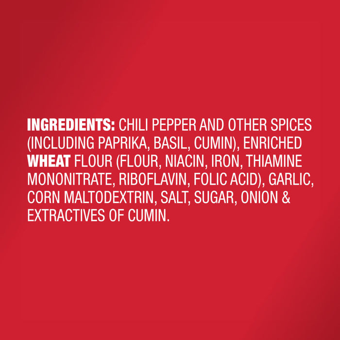 A list of ingredients for a product including chili pepper paprika basil cumin wheat flour garlic corn maltodextrin salt sugar onion and cumin.