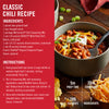 A classic chili recipe with ingredients and instructions along with a bowl of chili and a bowl of shredded cheese.