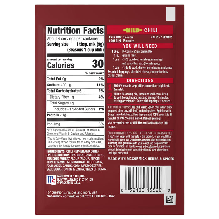 The back of a packet of Mccormick Mild Chili Seasoning Mix 1.25 Oz displays the nutrition facts, ingredients, and easy-to-follow cooking directions for a family meal.