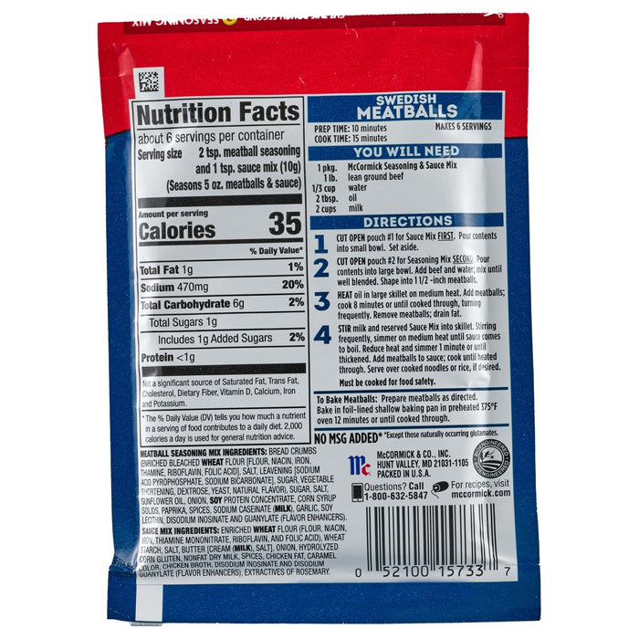 McCormick® Swedish Meatballs Seasoning & Sauce Mixes, 2.11 oz (6-Pack)