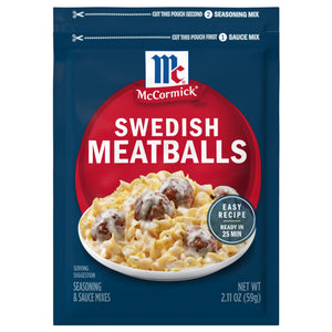 A package of Mccormick Swedish Meatball Sauce Mix Envelope 2.11 Oz featuring a serving suggestion of meatballs and egg noodles in a creamy sauce.