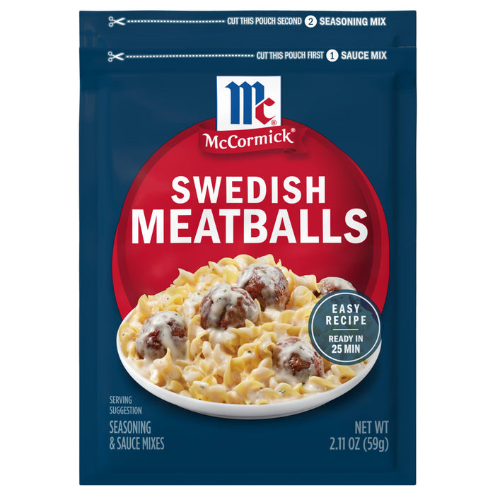 A package of Mccormick Swedish Meatball Sauce Mix Envelope 2.11 Oz featuring a serving suggestion of meatballs and egg noodles in a creamy sauce.
