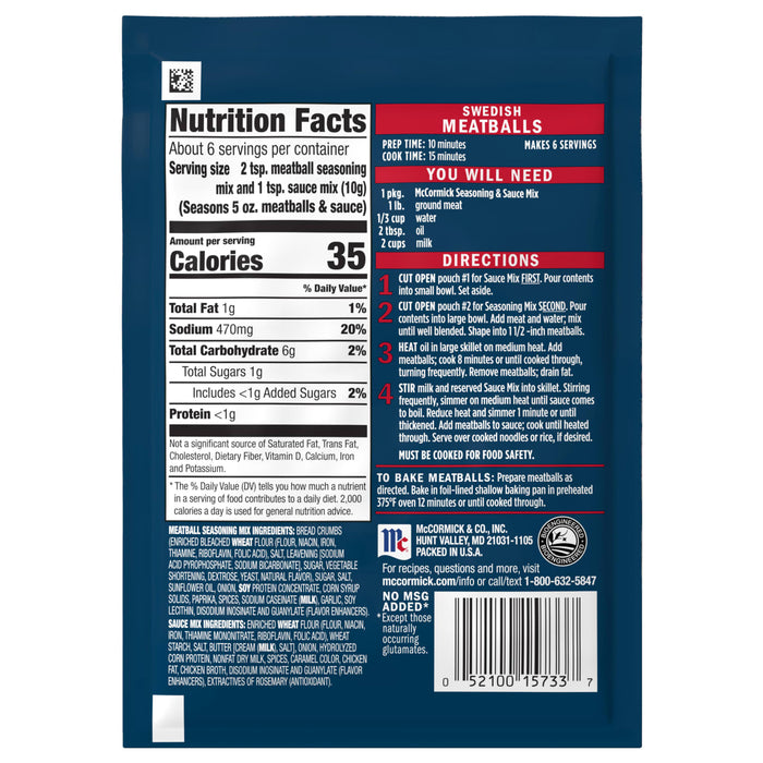 The back of a Mccormick Swedish Meatball Sauce Mix Envelope 2.11 Oz package provides detailed nutrition facts, a list of ingredients, and step-by-step cooking directions for making six servings.