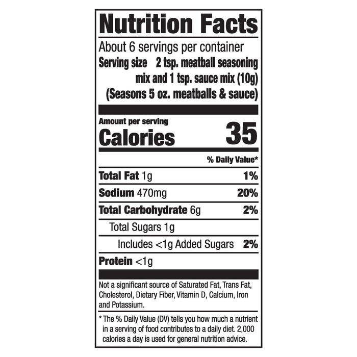 A nutrition facts label for Mccormick Swedish Meatball Sauce Mix Envelope 2.11 Oz showing 35 calories and 470 milligrams of sodium per serving.