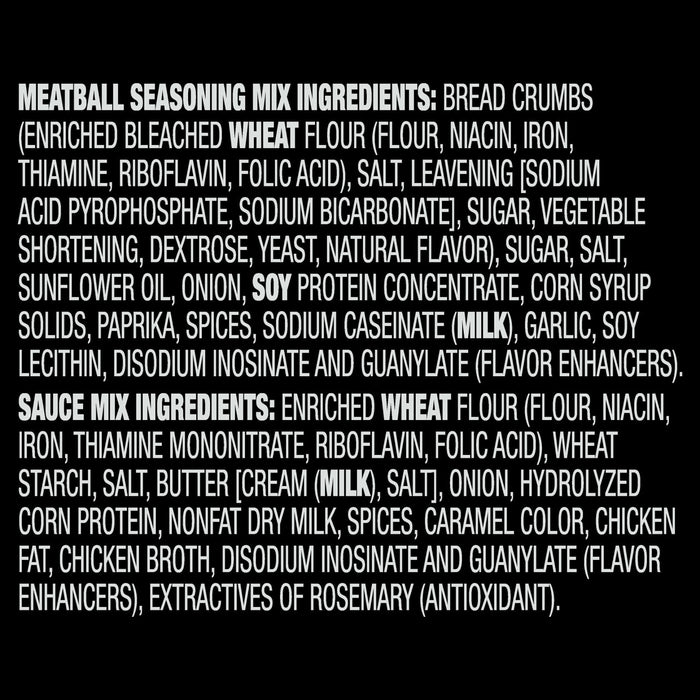 A detailed ingredient list for the Mccormick Swedish Meatball Sauce Mix Envelope 2.11 Oz showing components for both the meatball seasoning and the sauce mix including wheat, milk, and soy allergens.